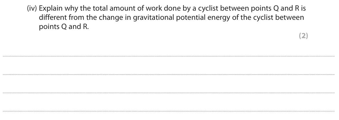 November 2021 Paper 2 Higher, question 7(a)(iv): Explain why the total amount of work done by a cyclist between points Q and R is different from the change in gravitational potential energy of the cyclist betw