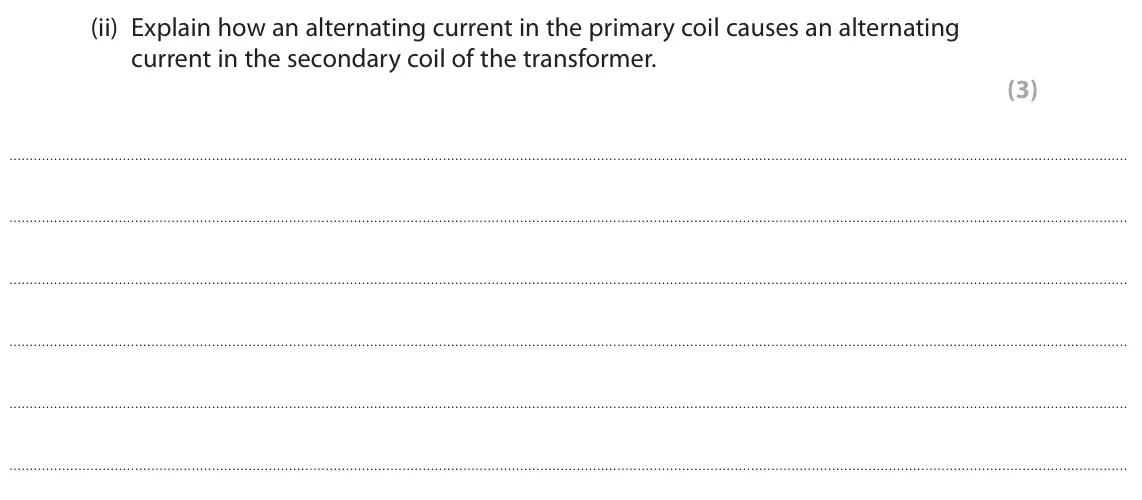 November 2021 Paper 2 Higher, question 9(a)(ii): Explain how an alternating current in the primary coil causes an alternating current in the secondary coil of the transformer. (3)