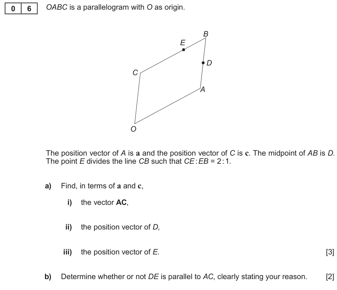Summer 2019 AS Unit 1, question 6: OABC is a parallelogram with O as origin. 0 6 B E D C A O The position vector of A is a and the position vector of C is c. The midpoint of AB is D. The point E