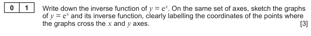 Summer 2022 AS Unit 1, question 1: 1 Write down the inverse function of y = ex. On the same set of axes, sketch the graphs of y = ex and its inverse function, clearly labelling the coordinates of