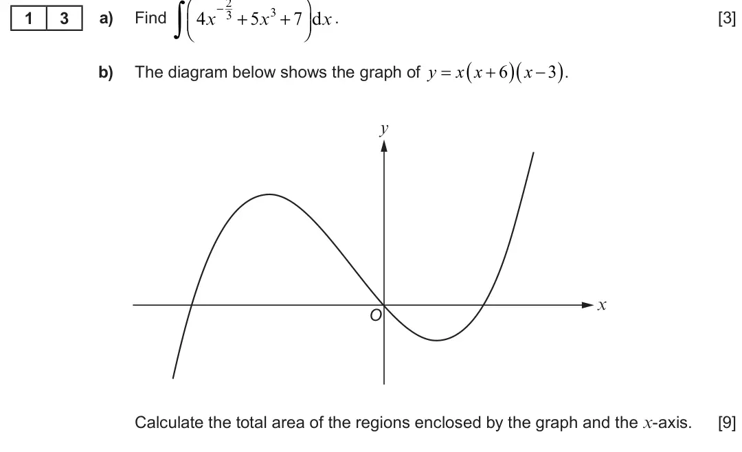 Summer 2023 AS Unit 1, question 13: ⎛ −2 ⎞ ∫ 3 + 5x3 + 7 1 3 a) Find 4x dx . [3] ⎝⎜ ⎠⎟    y x x 6 x 3    b) The diagram below shows the graph of . y x O Calculate the total area of the regi