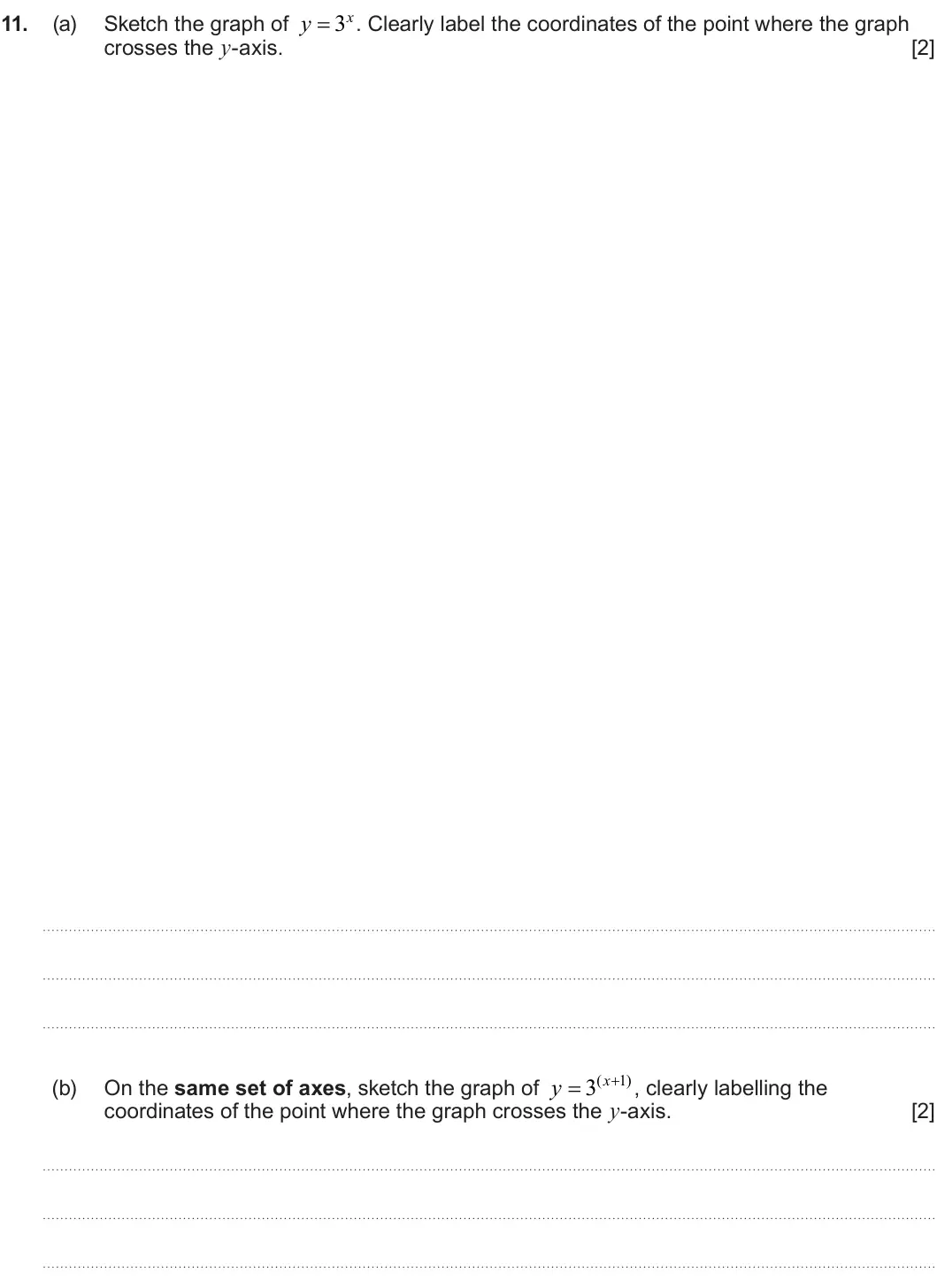 Summer 2024 AS Unit 1, question 11: 3x y  11. (a) Sketch the graph of . Clearly label the coordinates of the point where the graph crosses the y-axis. [2] 3 x (  1) y  (b) On the same set of ax