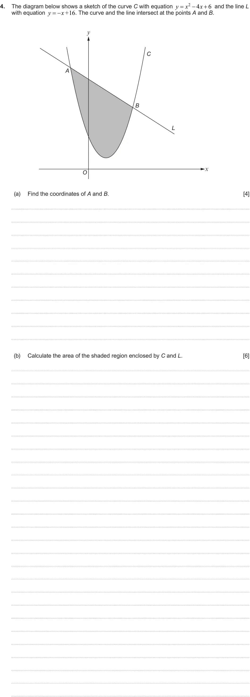 Summer 2025 AS Unit 1, question 4: y x 4 x 6 4. The diagram below shows a sketch of the curve C with equation and the line L y x+ 16 with equation . The curve and the line intersect at t
