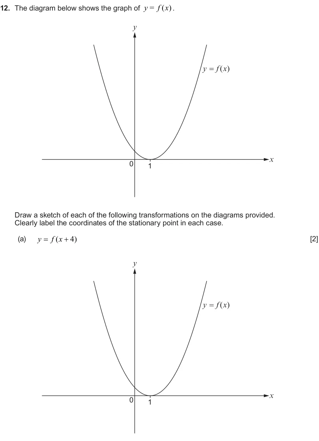 Summer 2025 AS Unit 1, question 12: y = f x . ( ) 12. The diagram below shows the graph of y x O0 1 Draw a sketch of each of the following transformations on the diagrams provided. Clearly label t
