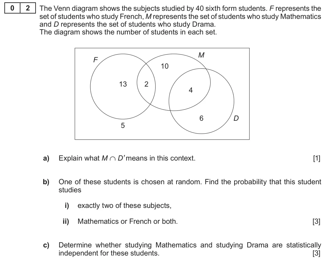Summer 2018 AS Unit 2, question 2: 2 The Venn diagram shows the subjects studied by 40 sixth form students. F represents the set of students who study French, M represents the set of students who