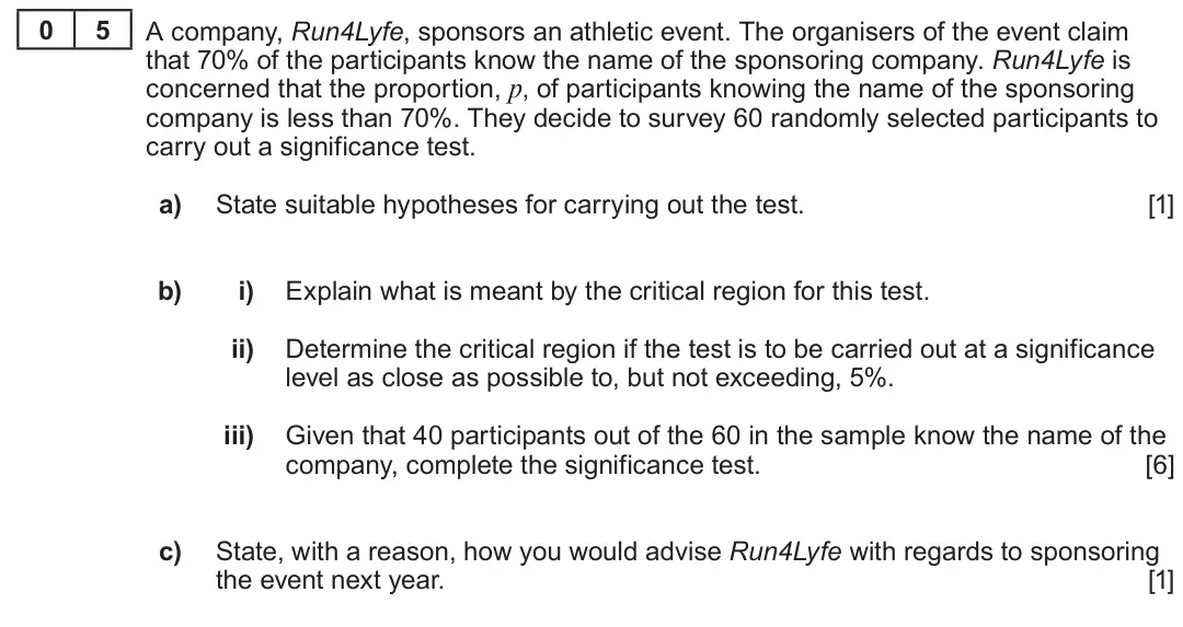 Summer 2022 AS Unit 2, question 5: 5 A company, Run4Lyfe, sponsors an athletic event. The organisers of the event claim that 70% of the participants know the name of the sponsoring company. Run4L