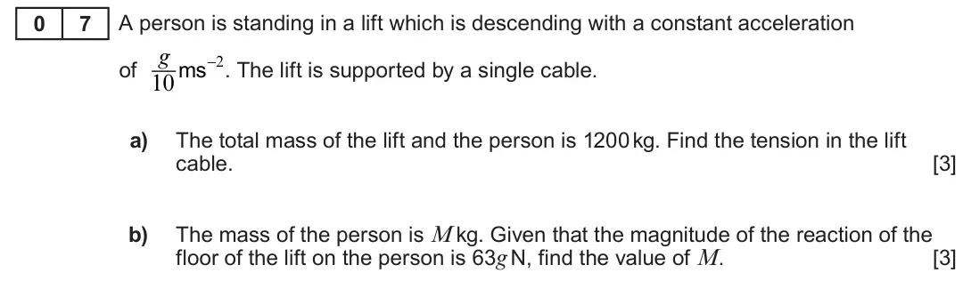Summer 2023 AS Unit 2, question 7: A person is standing in a lift which is descending with a constant acceleration 0 7 of g 10 ms−2. The lift is supported by a single cable. a) The total mass of