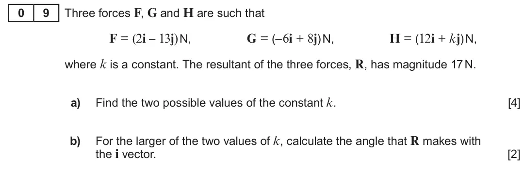 Summer 2023 AS Unit 2, question 9: 9 Three forces F, G and H are such that F = (2i – 13j) N, G = (–6i + 8j) N, H = (12i + kj) N, where k is a constant. The resultant of the three forces, R, has m