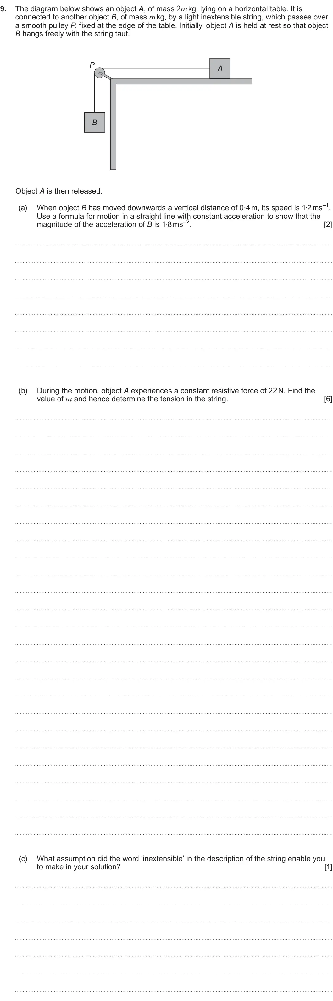 Summer 2024 AS Unit 2, question 9: 9. The diagram below shows an object A, of mass 2m kg, lying on a horizontal table. It is connected to another object B, of mass m kg, by a light inextensible s