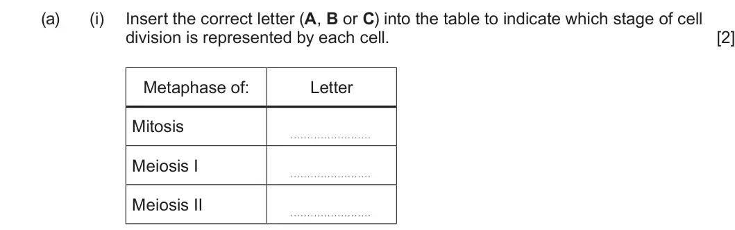 Summer 2023 AS Unit 1, question 2(a)(i): Insert the correct letter (A, B or C) into the table to indicate which stage of cell division is represented by each cell. [2] Metaphase of: Letter Mitosis Meio