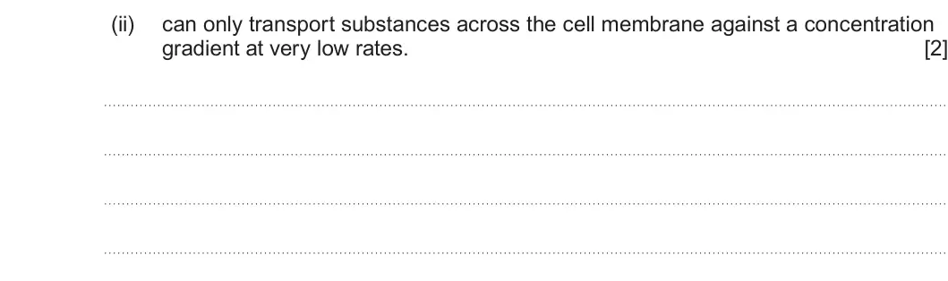 Summer 2023 AS Unit 1, question 3(b)(ii): can only transport substances across the cell membrane against a concentration gradient at very low rates. [2]