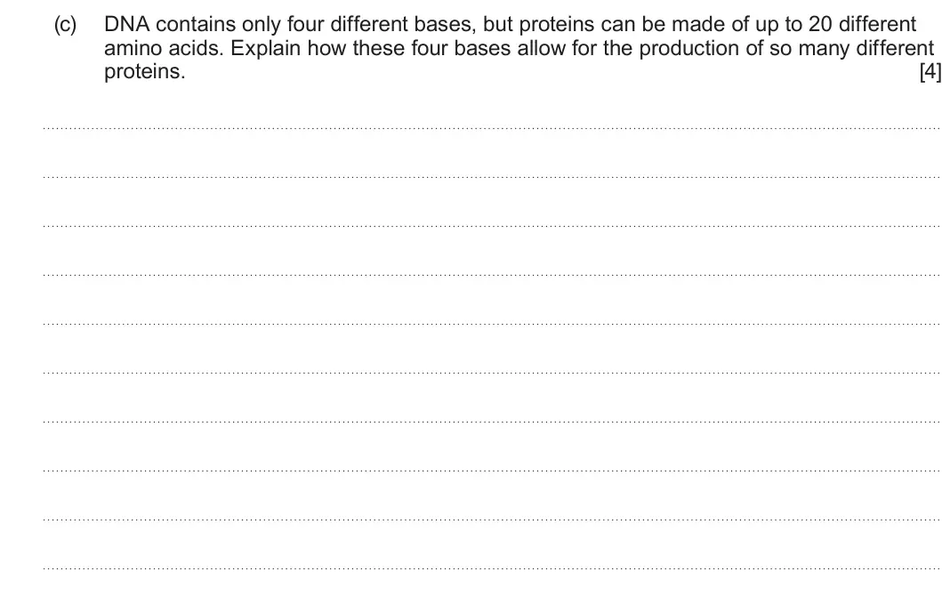 Summer 2023 AS Unit 1, question 5(c): DNA contains only four different bases, but proteins can be made of up to 20 different amino acids. Explain how these four bases allow for the production of so