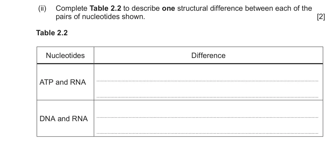 Summer 2024 AS Unit 1, question 2(a)(ii): Complete Table 2.2 to describe one structural difference between each of the pairs of nucleotides shown. [2] Table 2.2 Nucleotides Difference ATP and RNA DNA an