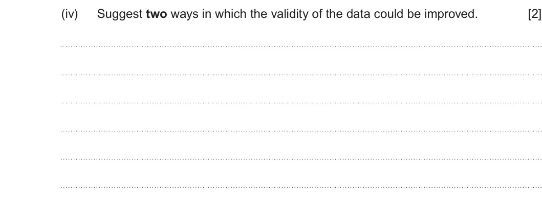 Summer 2024 AS Unit 1, question 3(b)(iv): Suggest two ways in which the validity of the data could be improved. [2]