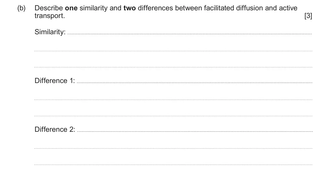 Summer 2025 AS Unit 1, question 4(b): Describe one similarity and two differences between facilitated diffusion and active transport. [3] Similarity: . . . . . . . . . . . . . . . . . . . . . . . . 
