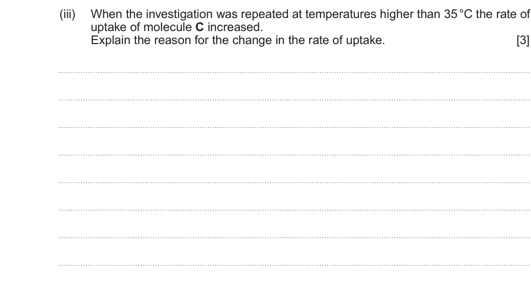 Summer 2025 AS Unit 1, question 4(c)(iii): When the investigation was repeated at temperatures higher than 35 °C the rate of uptake of molecule C increased. Explain the reason for the change in the rate