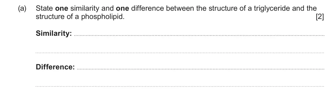 Summer 2025 AS Unit 1, question 6(a): State one similarity and one difference between the structure of a triglyceride and the structure of a phospholipid. [2] Similarity: . . . . . . . . . . . . . .