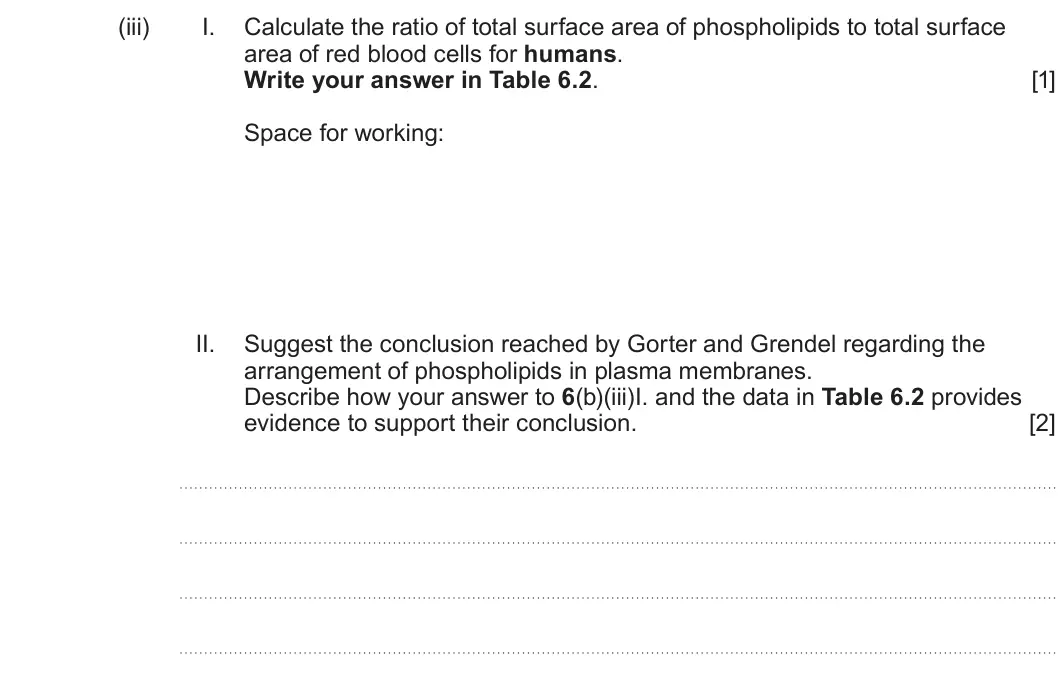 Summer 2025 AS Unit 1, question 6(b)(iii): I. Calculate the ratio of total surface area of phospholipids to total surface area of red blood cells for humans. Write your answer in Table 6.2. [1] Space for