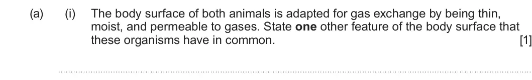 Summer 2022 AS Unit 2, question 2(a)(i): The body surface of both animals is adapted for gas exchange by being thin, moist, and permeable to gases. State one other feature of the body surface that thes