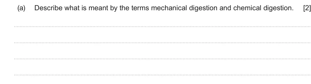 Summer 2022 AS Unit 2, question 3(a): Describe what is meant by the terms mechanical digestion and chemical digestion. [2]