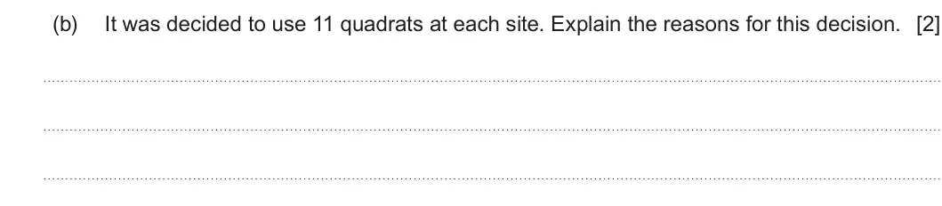 Summer 2023 AS Unit 2, question 1(b): It was decided to use 11 quadrats at each site. Explain the reasons for this decision. [2]