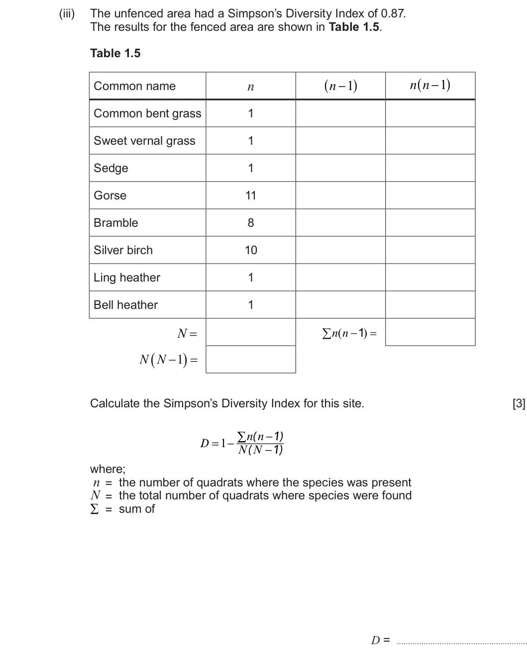 Summer 2023 AS Unit 2, question 1(c)(iii): The unfenced area had a Simpson’s Diversity Index of 0.87. The results for the fenced area are shown in Table 1.5. Table 1.5 ( ) ( ) n −1 n n −1 Common name n C