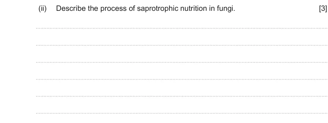 Summer 2023 AS Unit 2, question 5(a)(ii): Describe the process of saprotrophic nutrition in fungi. [3]