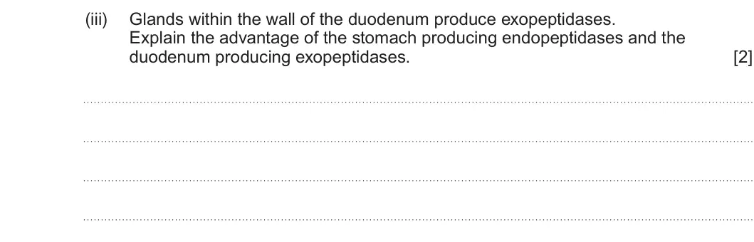 Summer 2024 AS Unit 2, question 3(a)(iii): Glands within the wall of the duodenum produce exopeptidases. Explain the advantage of the stomach producing endopeptidases and the duodenum producing exopeptid