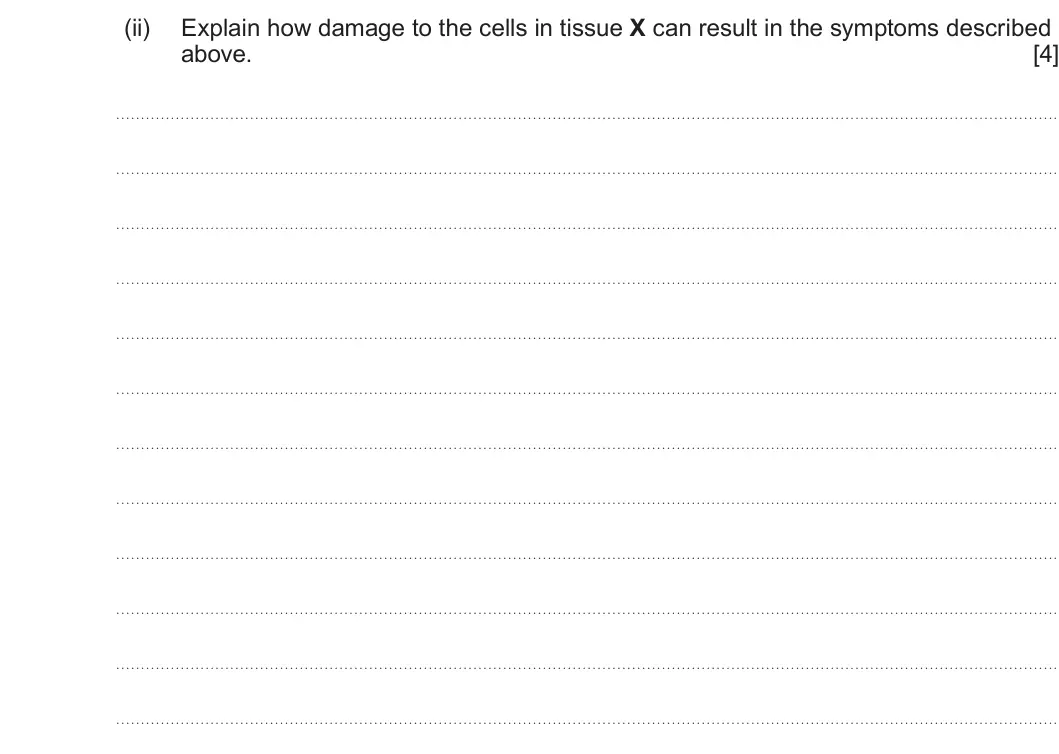 Summer 2024 AS Unit 2, question 3(c)(ii): Explain how damage to the cells in tissue X can result in the symptoms described above. [4]