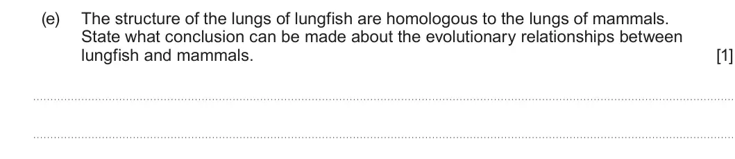 Summer 2024 AS Unit 2, question 5(e): The structure of the lungs of lungfish are homologous to the lungs of mammals. State what conclusion can be made about the evolutionary relationships between lu