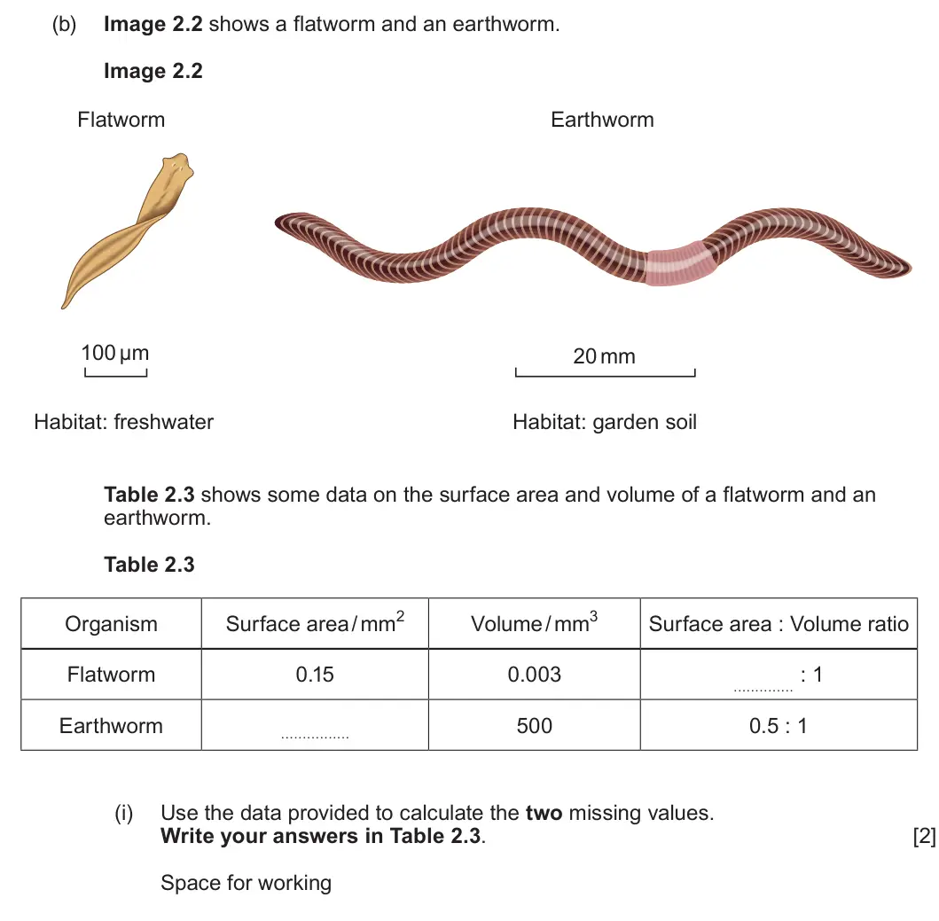 Summer 2025 AS Unit 2, question 2(b)(i): Use the data provided to calculate the two missing values. Write your answers in Table 2.3. [2] Space for working