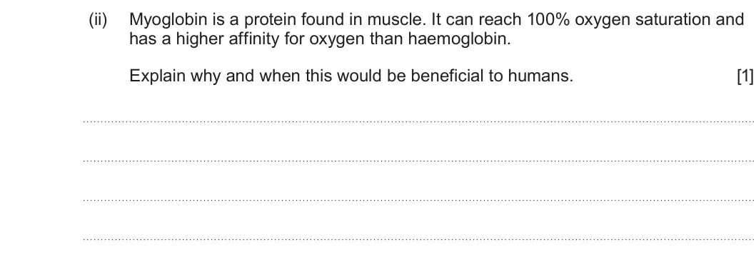 Summer 2025 AS Unit 2, question 3(c)(ii): Myoglobin is a protein found in muscle. It can reach 100% oxygen saturation and has a higher affinity for oxygen than haemoglobin. Explain why and when this wou