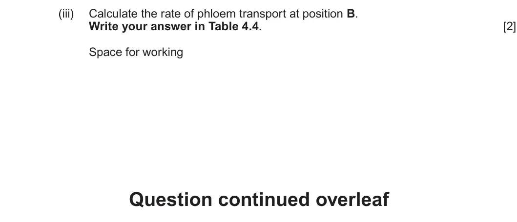 Summer 2025 AS Unit 2, question 4(c)(iii): Calculate the rate of phloem transport at position B. Write your answer in Table 4.4. [2] Space for working Question continued overleaf