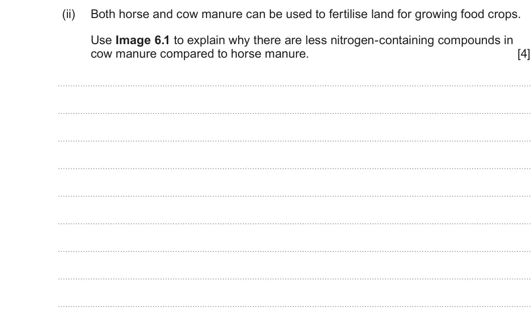 Summer 2025 AS Unit 2, question 6(a)(ii): Both horse and cow manure can be used to fertilise land for growing food crops. Use Image 6.1 to explain why there are less nitrogen-containing compounds in cow