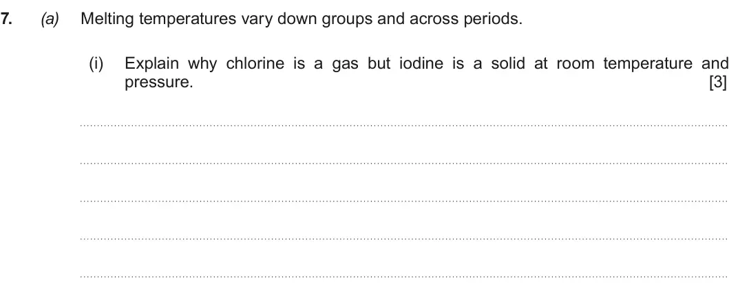 Summer 2018 AS Unit 1, question 7(a)(i): Explain why chlorine is a gas but iodine is a solid at room temperature and pressure. [3]
