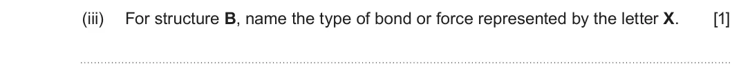 Summer 2022 AS Unit 1, question 8(a)(iii): For structure B, name the type of bond or force represented by the letter X. [1]