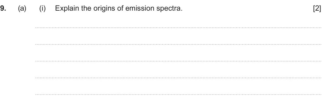 Summer 2022 AS Unit 1, question 9(a)(i): Explain the origins of emission spectra. [2]