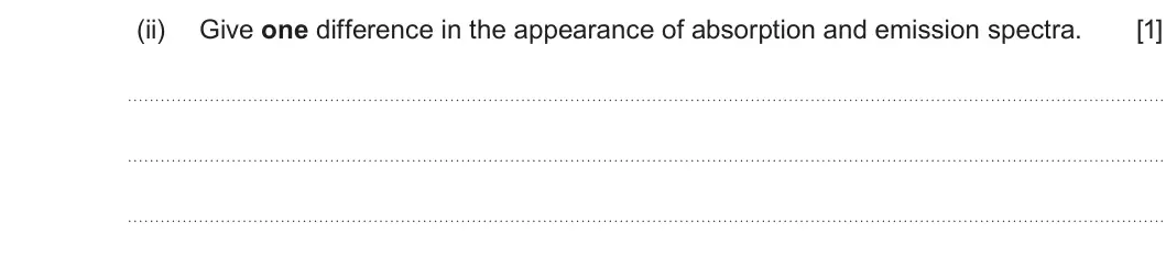 Summer 2022 AS Unit 1, question 9(a)(ii): Give one difference in the appearance of absorption and emission spectra. [1]