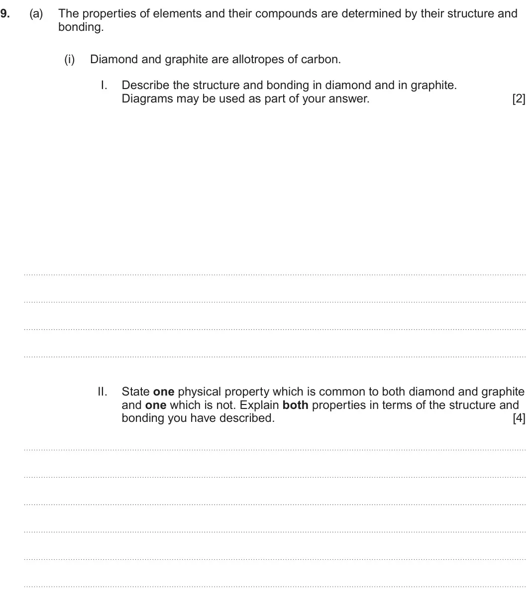 Summer 2024 AS Unit 1, question 9(a)(i): Diamond and graphite are allotropes of carbon. I. Describe the structure and bonding in diamond and in graphite. Diagrams may be used as part of your answer. [2
