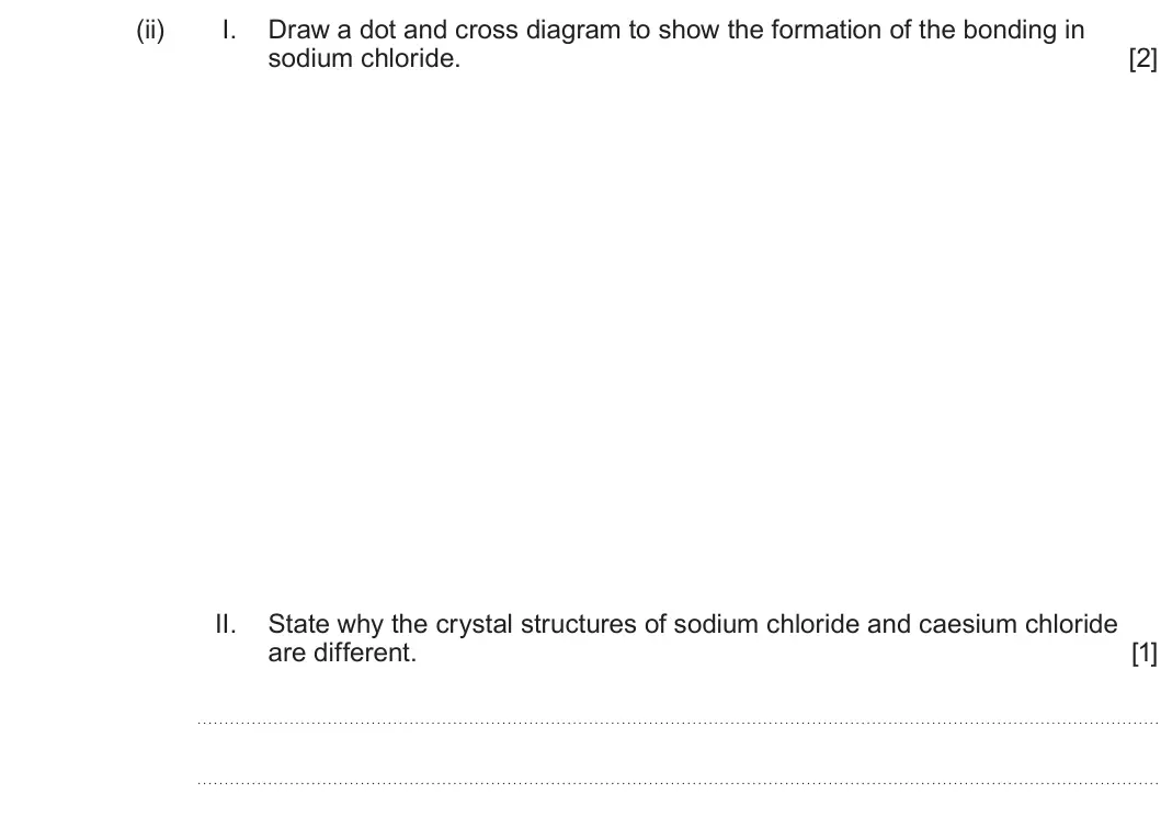 Summer 2024 AS Unit 1, question 9(a)(ii): I. Draw a dot and cross diagram to show the formation of the bonding in sodium chloride. [2] II. State why the crystal structures of sodium chloride and caesium