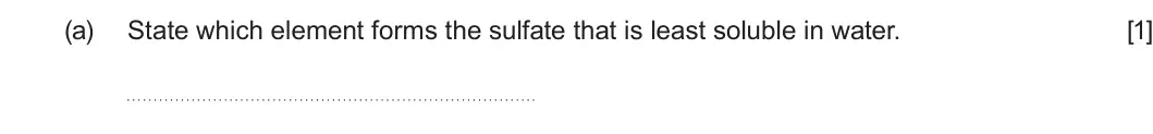 Summer 2025 AS Unit 1, question 6(a): State which element forms the sulfate that is least soluble in water. [1]