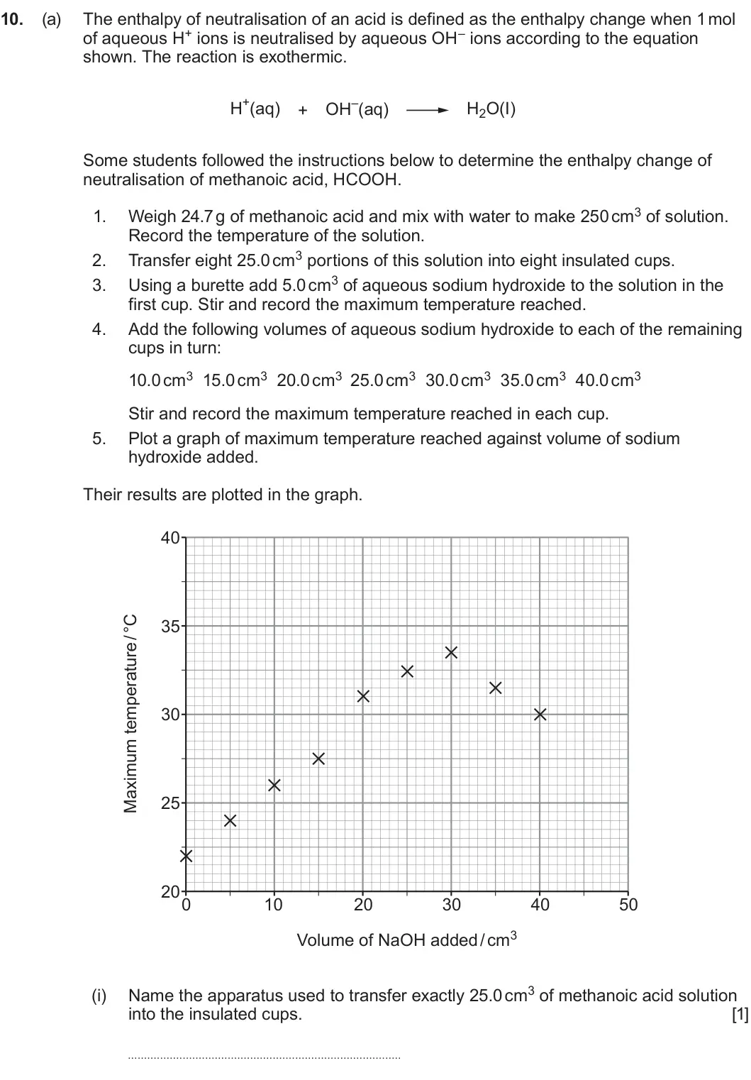Summer 2023 AS Unit 2, question 10(a)(i): into the insulated cups. [1]