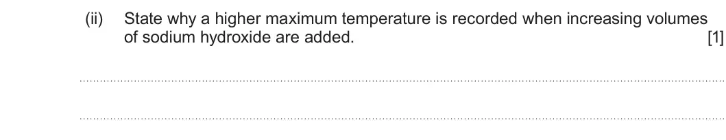 Summer 2023 AS Unit 2, question 10(a)(ii): State why a higher maximum temperature is recorded when increasing volumes of sodium hydroxide are added. [1]