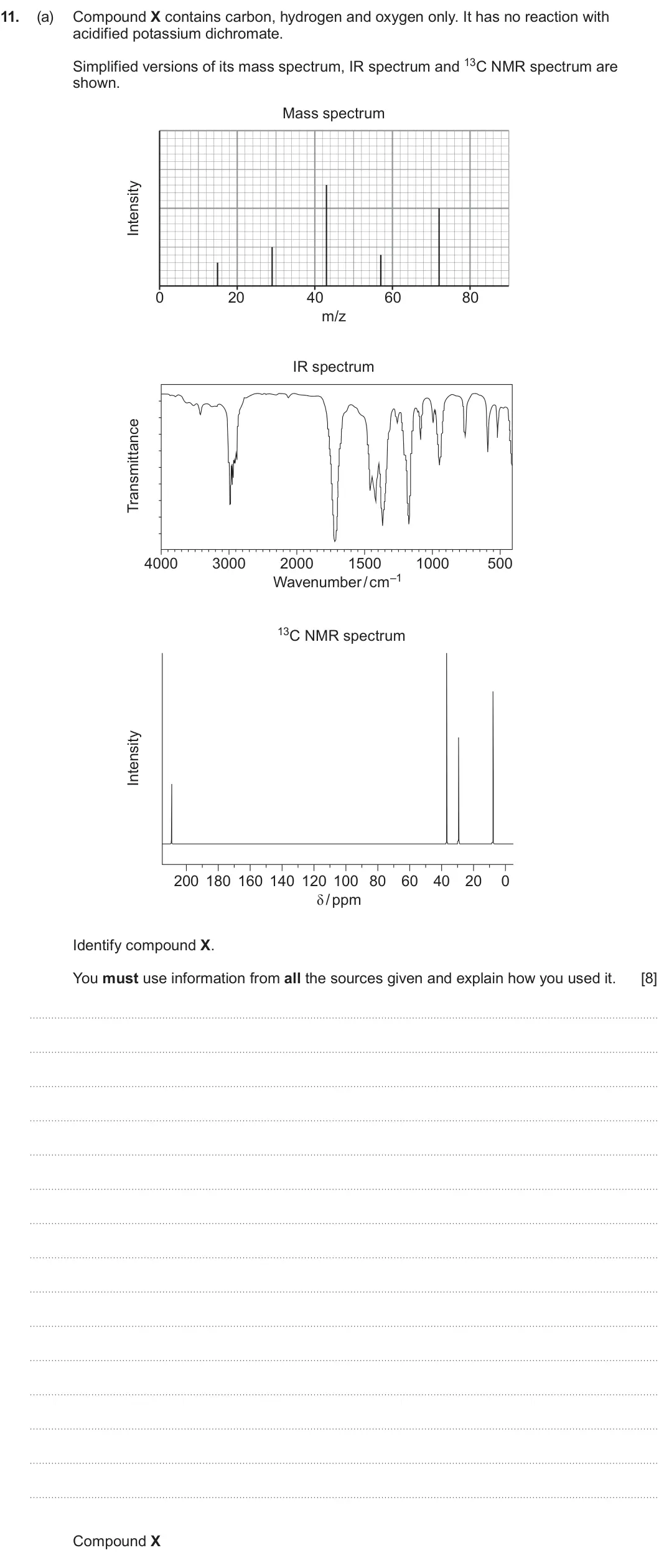 Summer 2023 AS Unit 2, question 11(a): Compound X contains carbon, hydrogen and oxygen only. It has no reaction with acidified potassium dichromate. Simplified versions of its mass spectrum, IR spect