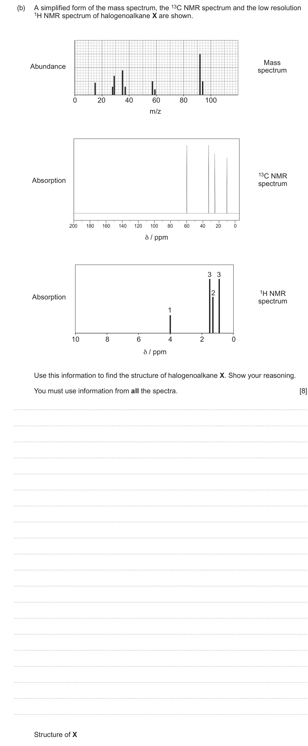 Summer 2024 AS Unit 2, question 11(b): A simplified form of the mass spectrum, the 13C NMR spectrum and the low resolution 1H NMR spectrum of halogenoalkane X are shown. Mass Abundance spectrum 0 20