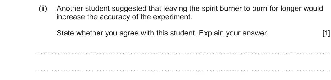 Summer 2024 AS Unit 2, question 12(b)(ii): Another student suggested that leaving the spirit burner to burn for longer would increase the accuracy of the experiment. State whether you agree with this stu