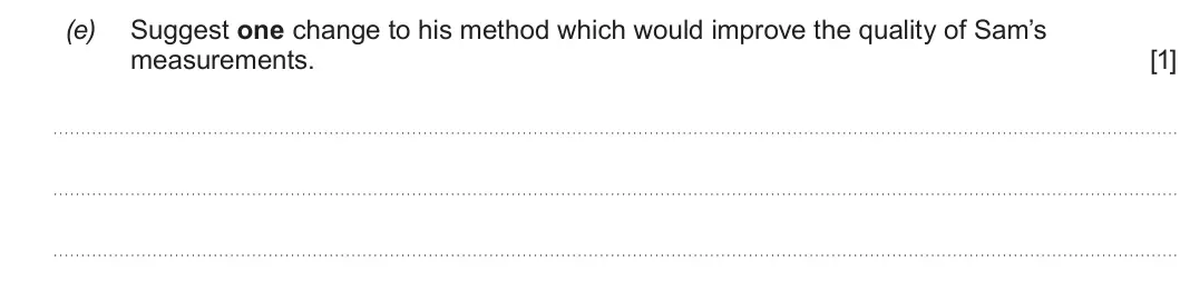 Summer 2019 AS Unit 1, question 5(e): Suggest one change to his method which would improve the quality of Sam’s measurements. [1]