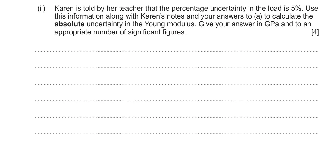 Summer 2022 AS Unit 1, question 4(b)(ii): Karen is told by her teacher that the percentage uncertainty in the load is 5%. Use this information along with Karen’s notes and your answers to (a) to calcula