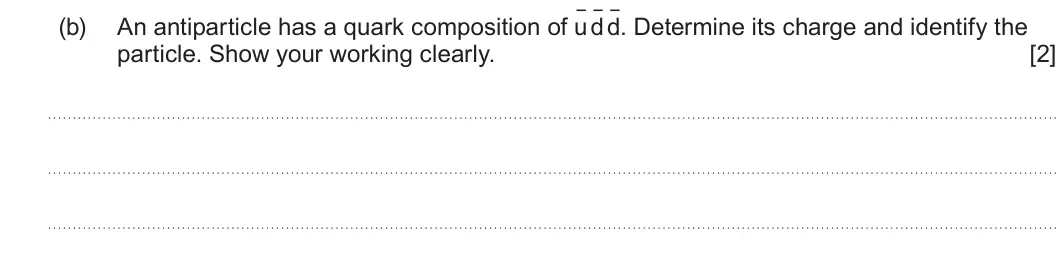 Summer 2023 AS Unit 1, question 7(b): An antiparticle has a quark composition of u d d. Determine its charge and identify the particle. Show your working clearly. [2]