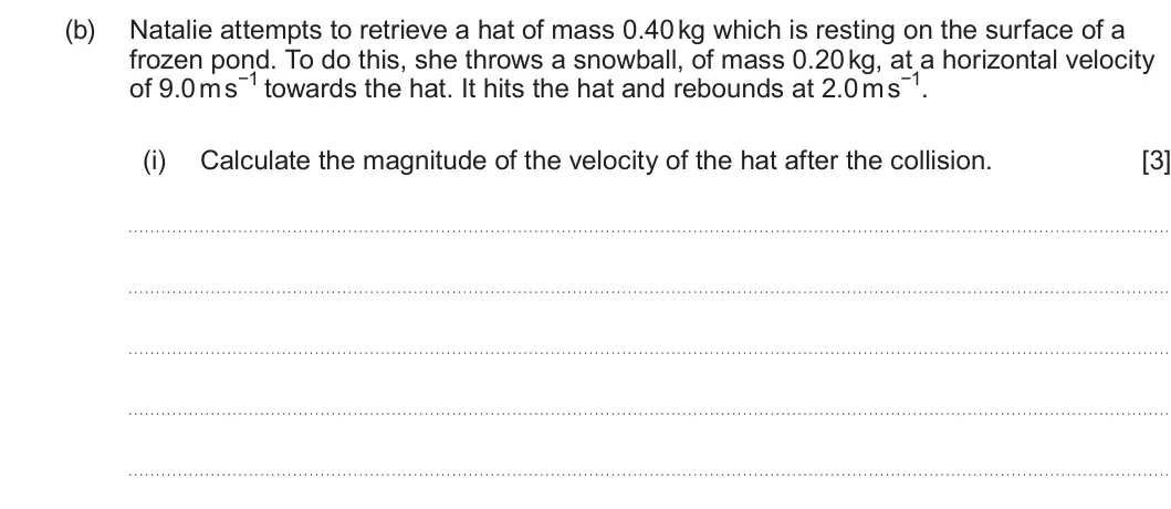 Summer 2024 AS Unit 1, question 1(b)(i): Calculate the magnitude of the velocity of the hat after the collision. [3]